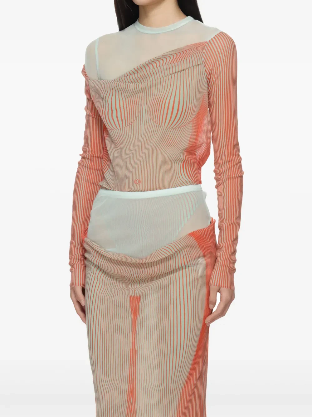 JEAN PAUL GAULTIER - Women Pinstripe Body Morphing Mesh Bodysuit - Image 4