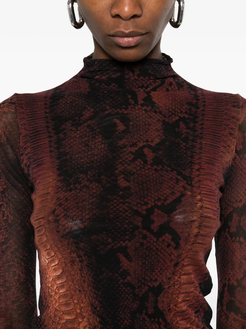 JEAN PAUL GAULTIER - Women Printed "Python" Mesh High Neck Long Sleeves Top - Image 4