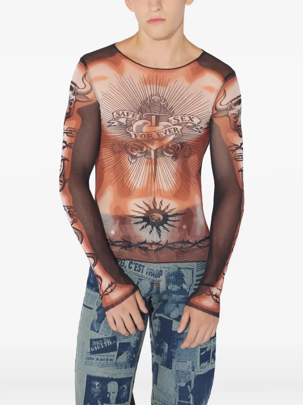 JEAN PAUL GAULTIER - Women Printed "Safe Sex Tattoo" Long Sleeves Crew Neck Top