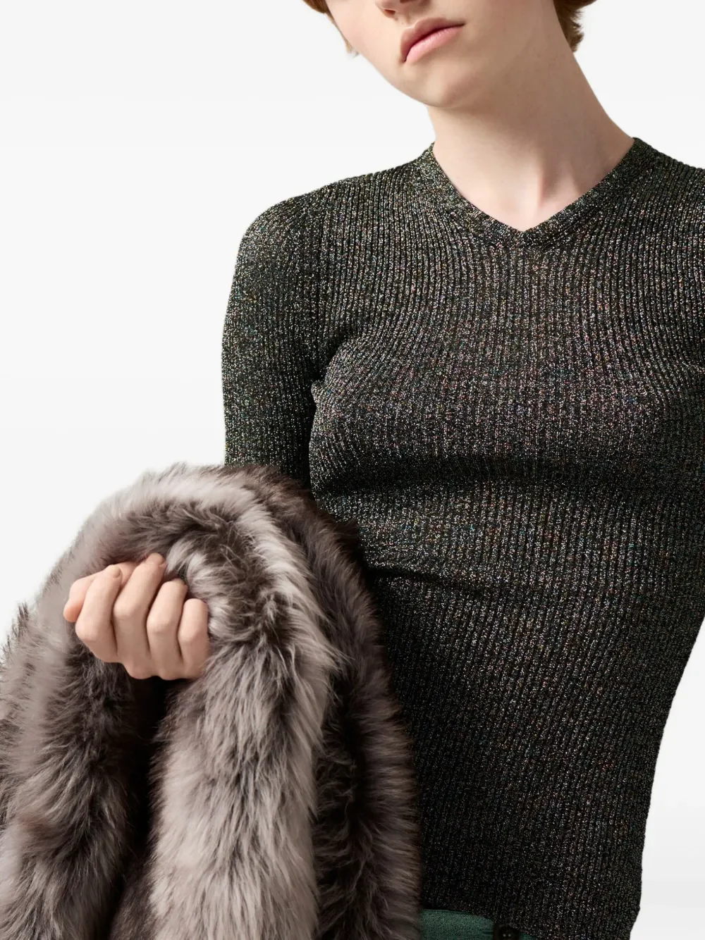 MIU MIU - Women Lurex V-Neck Sweater - Image 3
