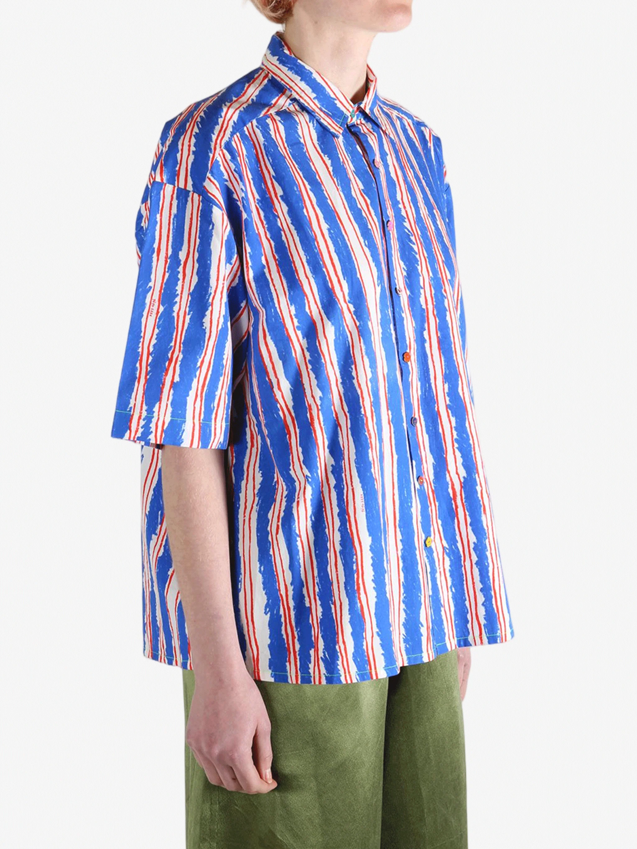 PERO - Women Blue Red Stripe Loose Shirt - Image 2