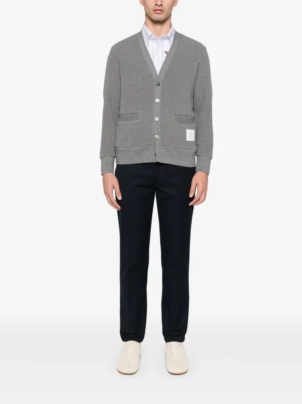 THOM BROWNE - Men 4 Bar Intarsia Trim In Textured Cotton V Neck Cardigan