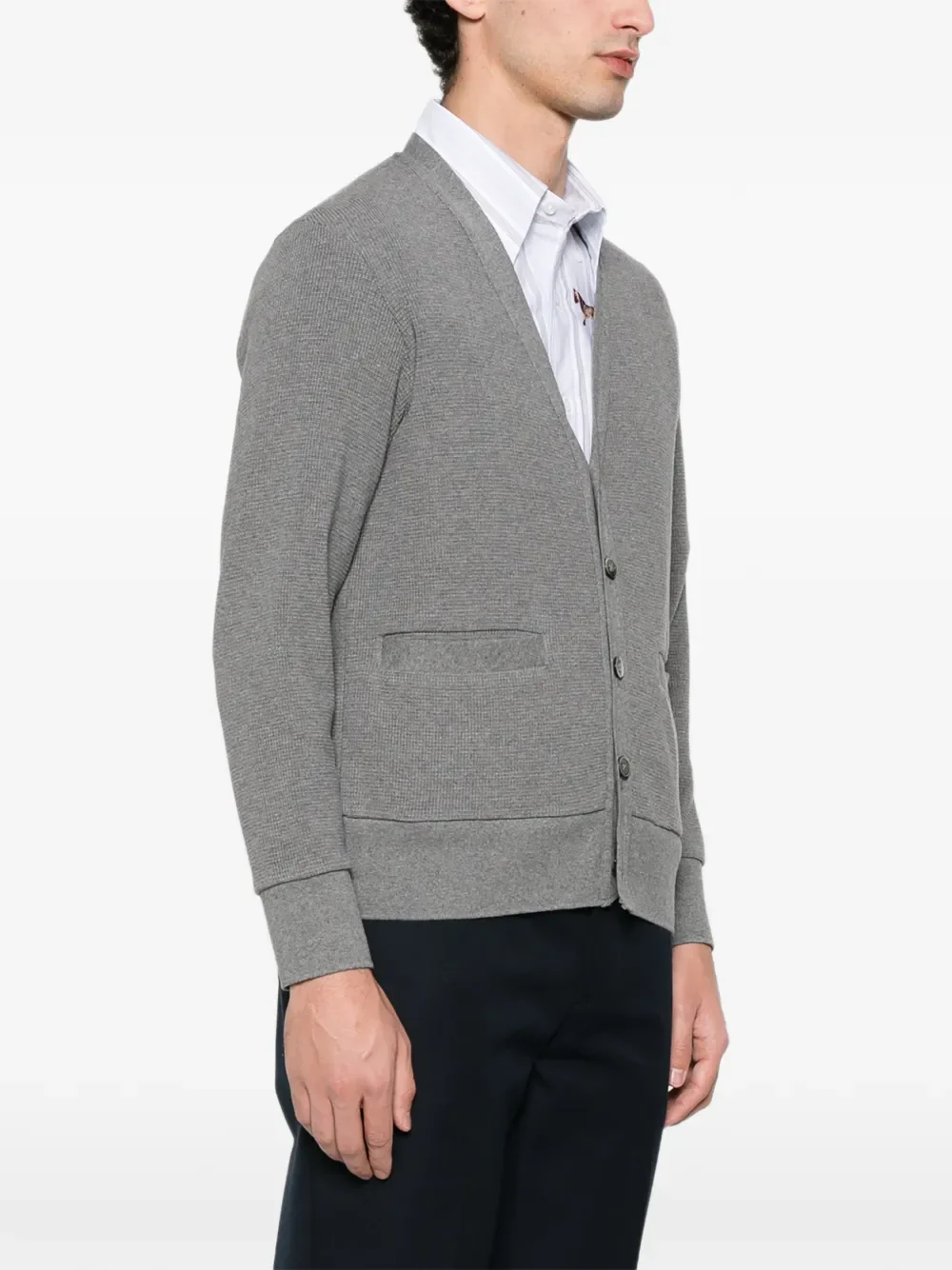 THOM BROWNE - Men 4 Bar Intarsia Trim In Textured Cotton V Neck Cardigan - Image 2