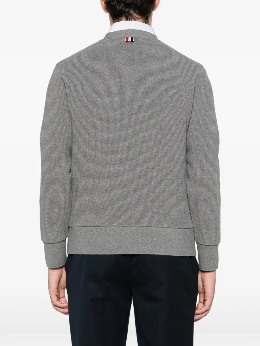 THOM BROWNE - Men 4 Bar Intarsia Trim In Textured Cotton V Neck Cardigan - Image 3