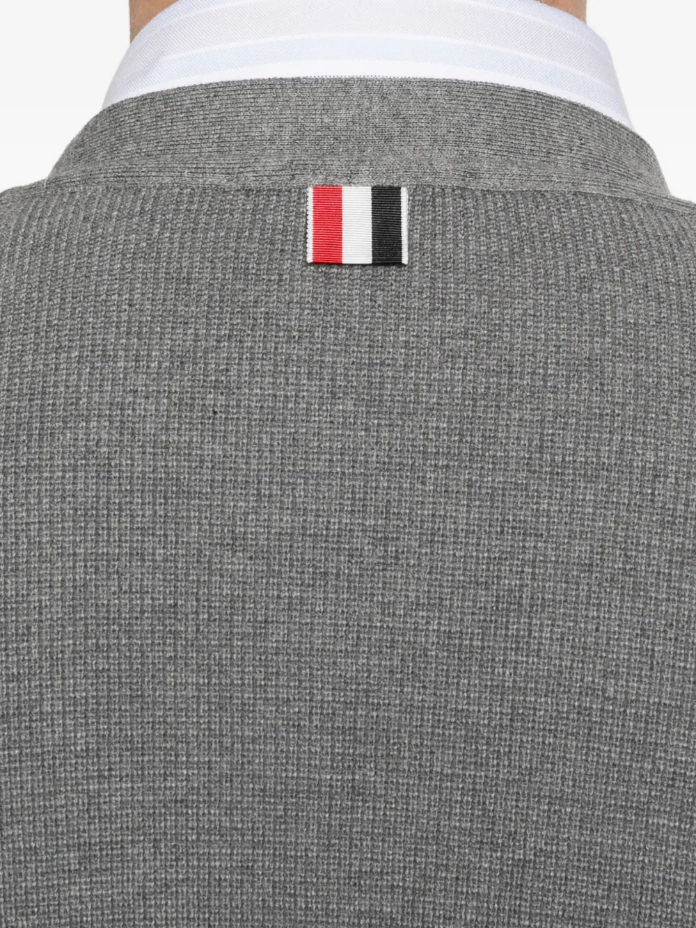THOM BROWNE - Men 4 Bar Intarsia Trim In Textured Cotton V Neck Cardigan - Image 4