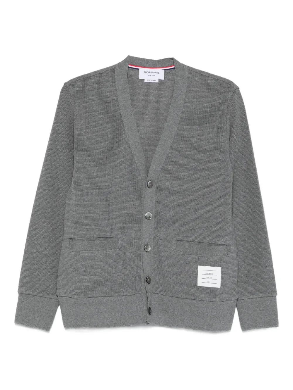 THOM BROWNE - Men 4 Bar Intarsia Trim In Textured Cotton V Neck Cardigan - Image 5