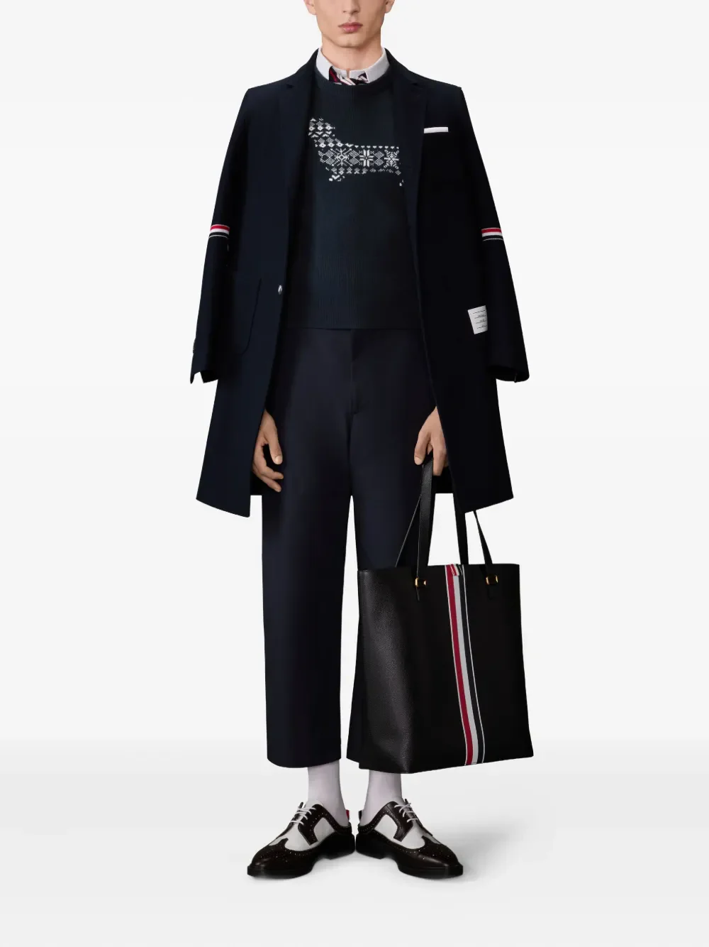 THOM BROWNE - Men 4 Bar Stripe Holiday Hector Intarsia Jacquard Classic Crew Neck Pullover In Merino Wool