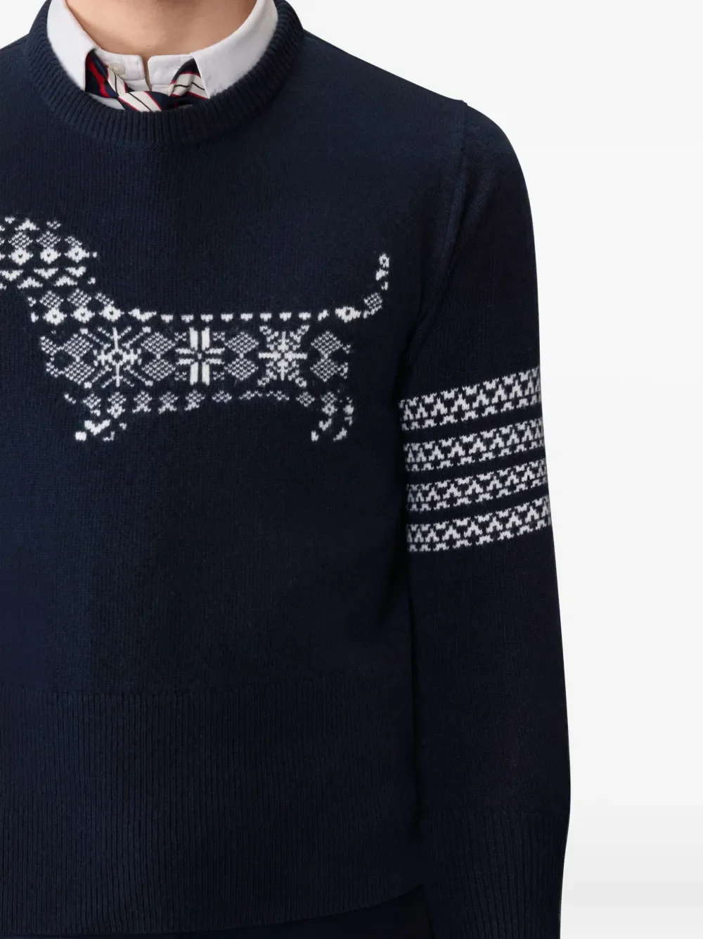 THOM BROWNE - Men 4 Bar Stripe Holiday Hector Intarsia Jacquard Classic Crew Neck Pullover In Merino Wool - Image 2