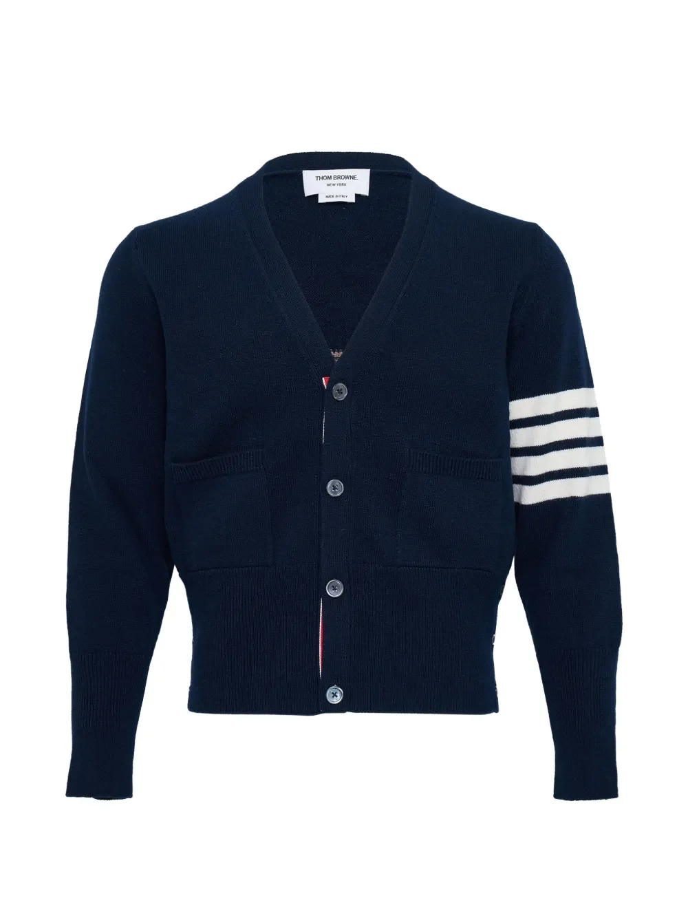THOM BROWNE - Men 4 Bar Stripe Lny Jersey Intarsia Classic Fit V Neck Cardigan In Merino Wool