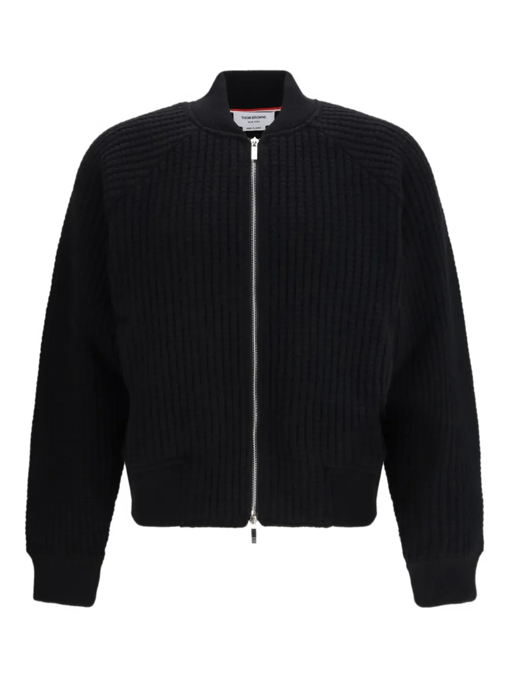 THOM BROWNE - Men Fully Fashioned Wool Trims & 4 Bar Intarsia In Chunky Wool Waffle Raglan Bomber Jacket