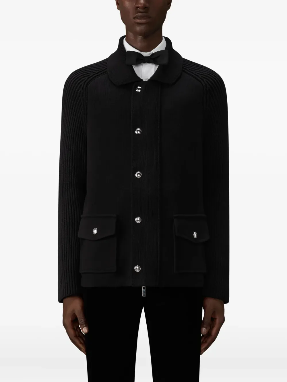 THOM BROWNE - Men Interlock With Cardigan Stitch Polo Collar Zip Up Jacket In Cotton Cashmere