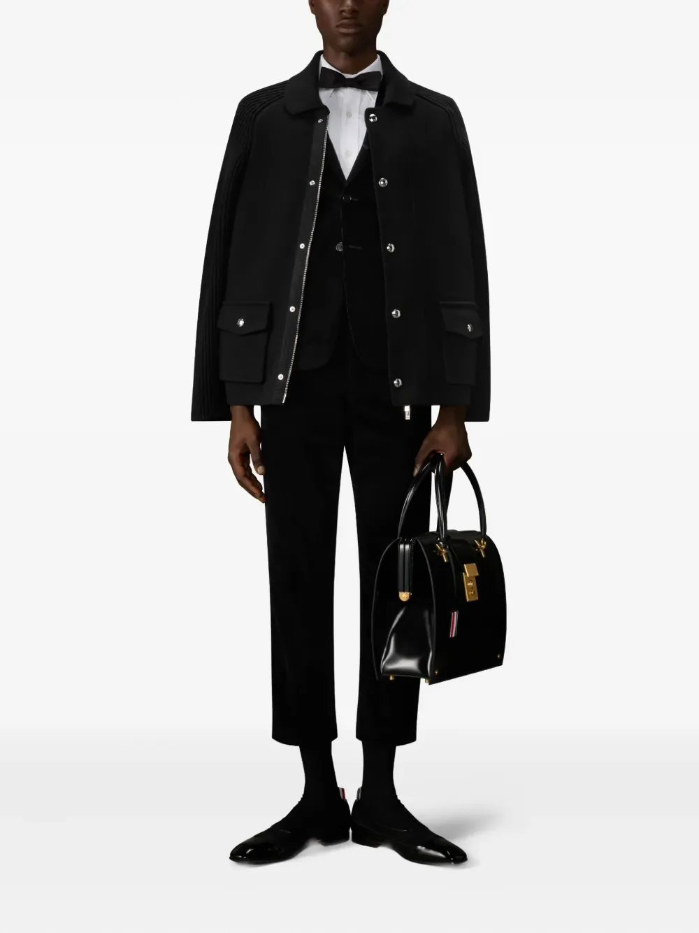 THOM BROWNE - Men Interlock With Cardigan Stitch Polo Collar Zip Up Jacket In Cotton Cashmere - Image 3