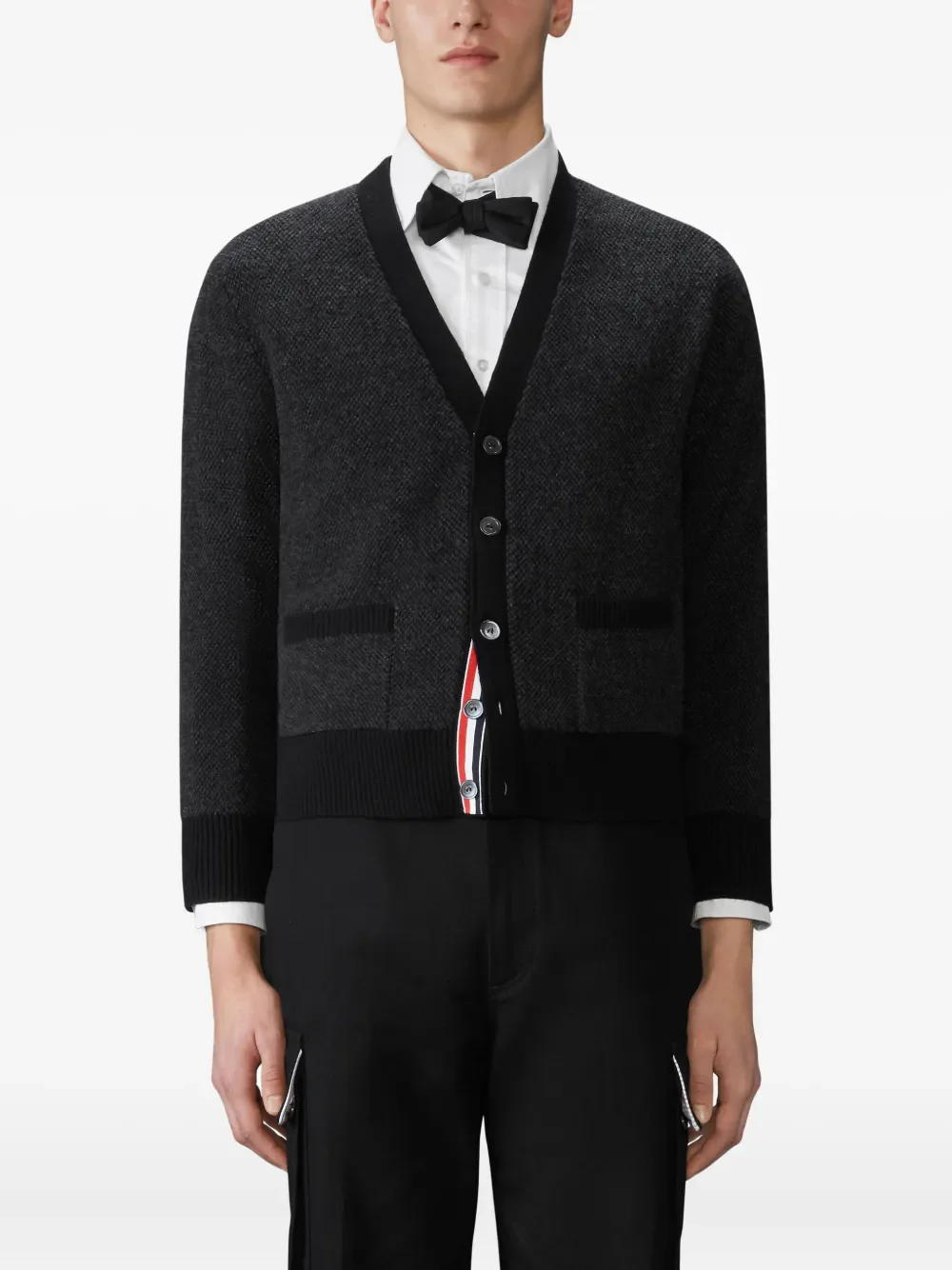 THOM BROWNE - Men Textured Stitch V Neck Knitwear