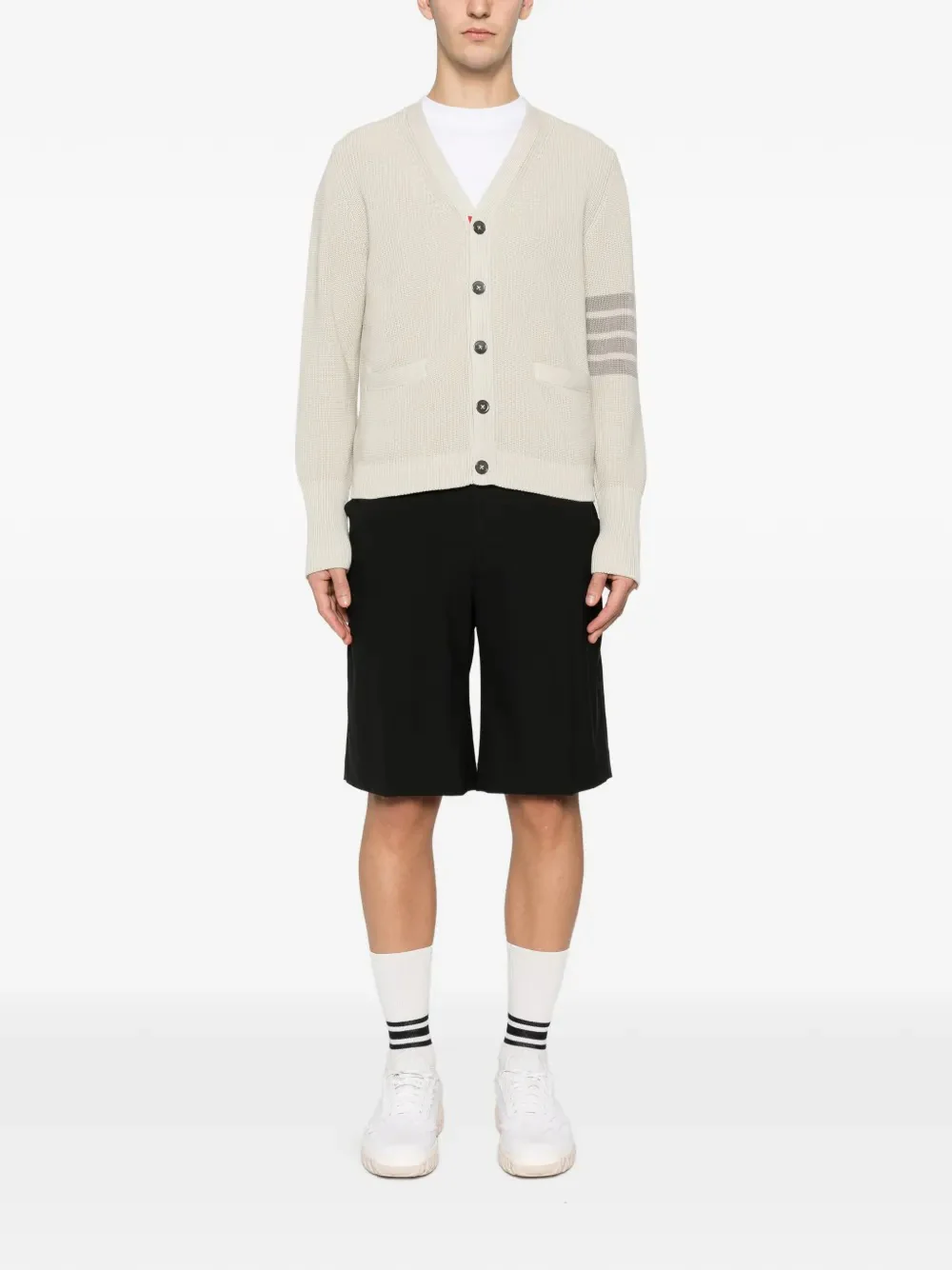 THOM BROWNE - Men Tonal 4 Bar Stripe V Neck Cardigan