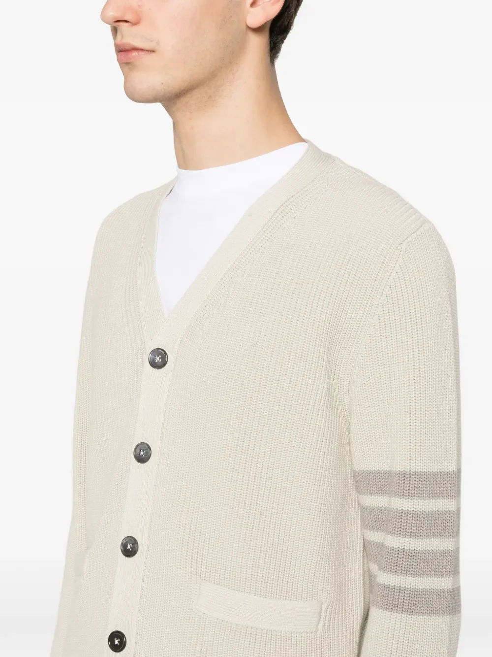 THOM BROWNE - Men Tonal 4 Bar Stripe V Neck Cardigan - Image 4