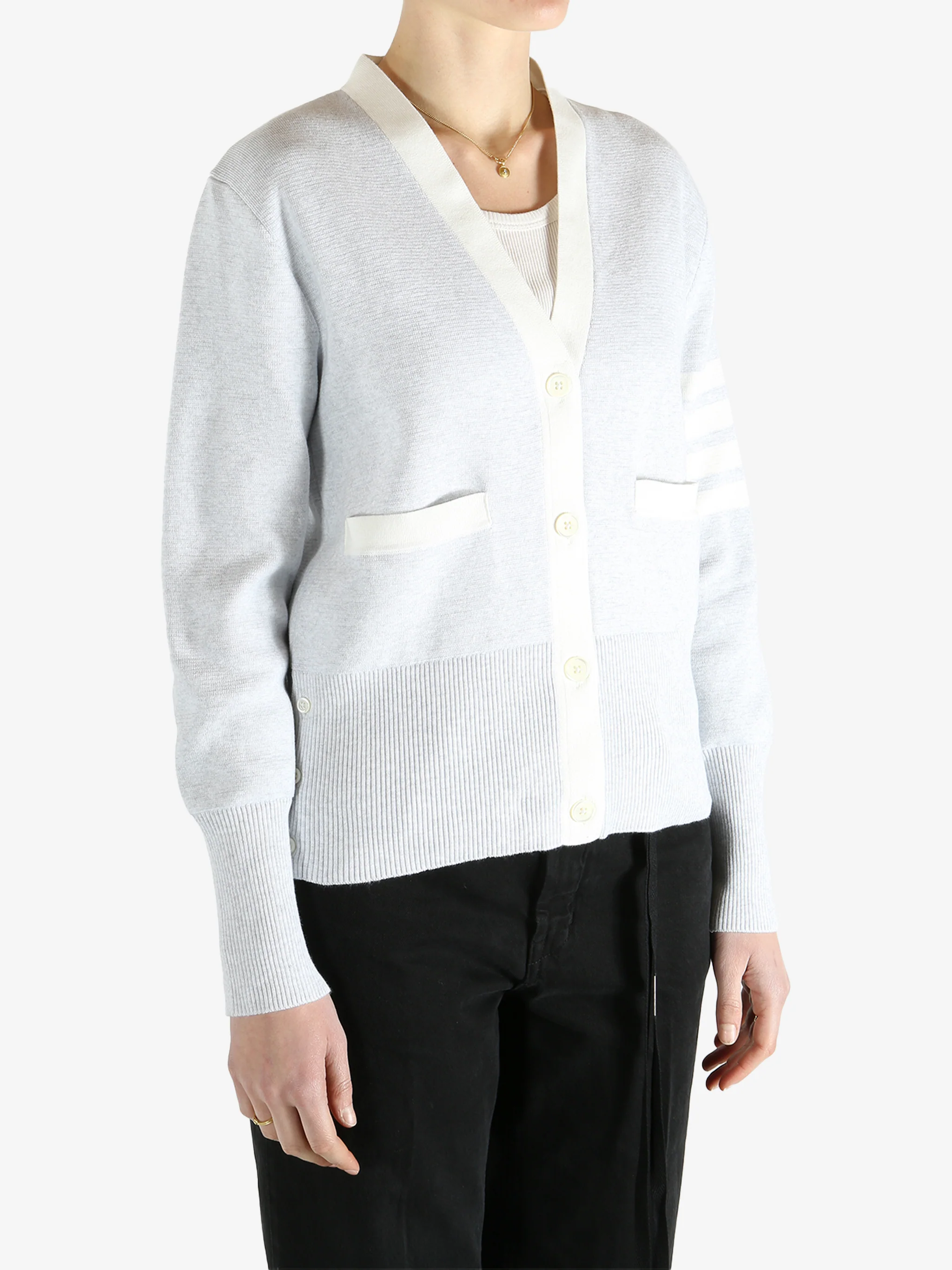 THOM BROWNE - Women 4 Bar Stripe Milano Classic V Neck Cardigan - Image 2