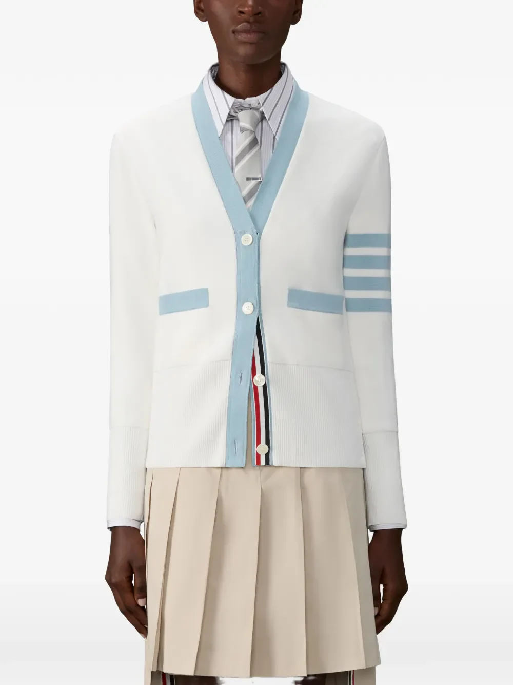THOM BROWNE - Women 4 Bar Stripe Milano Classic V Neck Cardigan