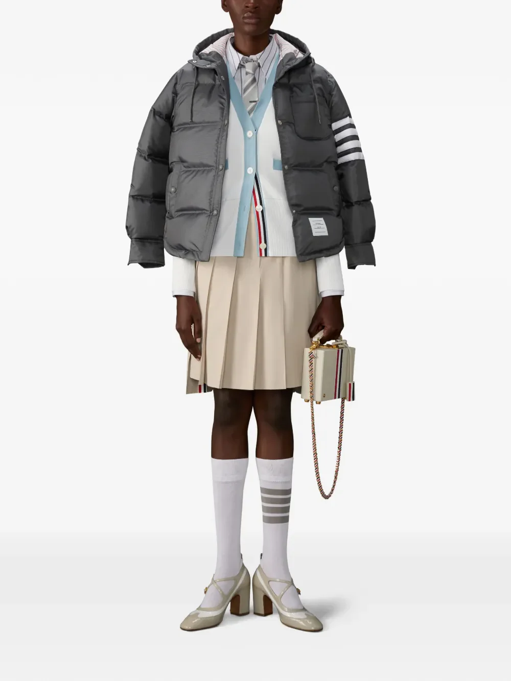 THOM BROWNE - Women 4 Bar Stripe Milano Classic V Neck Cardigan - Image 3