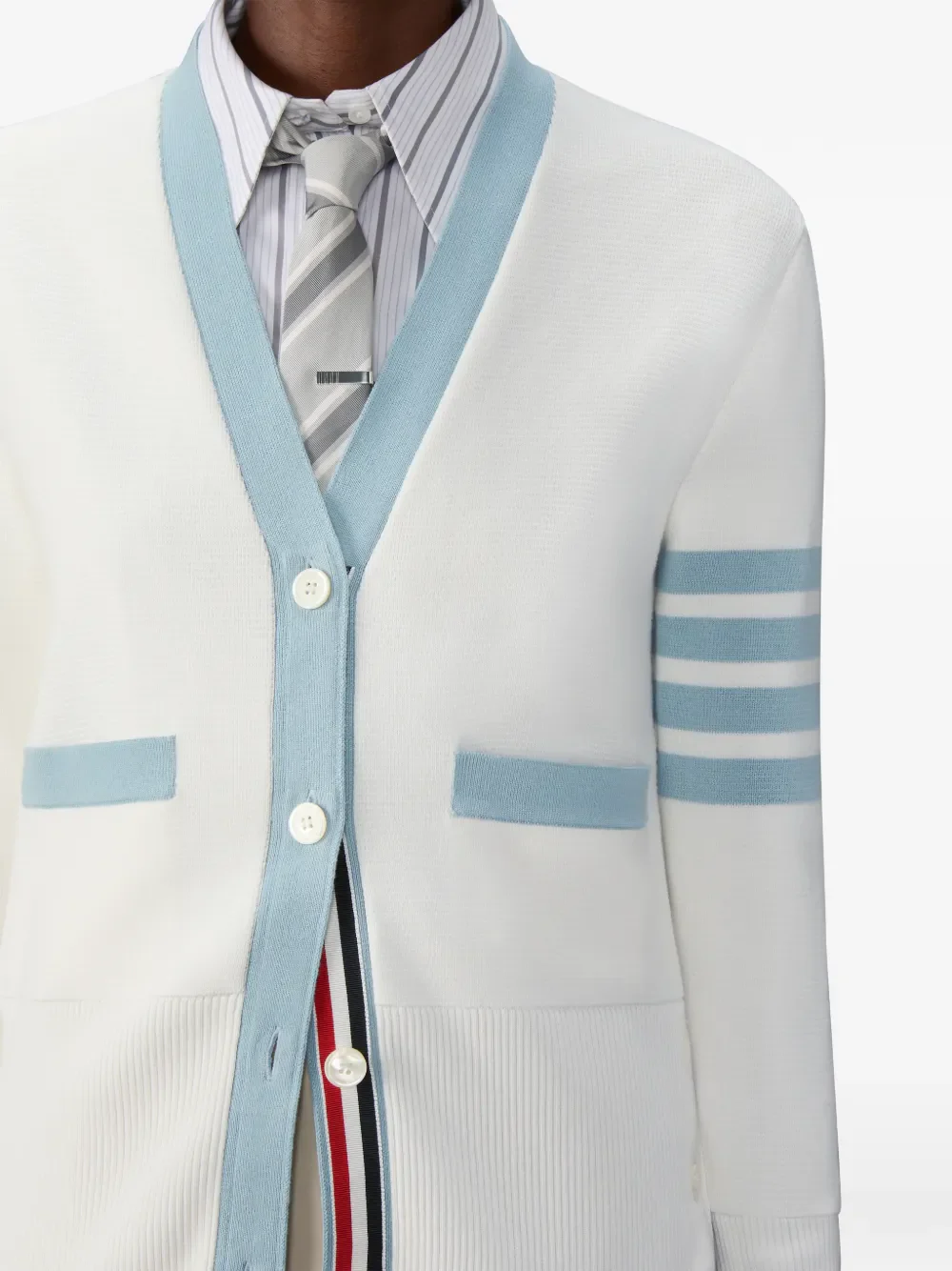 THOM BROWNE - Women 4 Bar Stripe Milano Classic V Neck Cardigan - Image 4