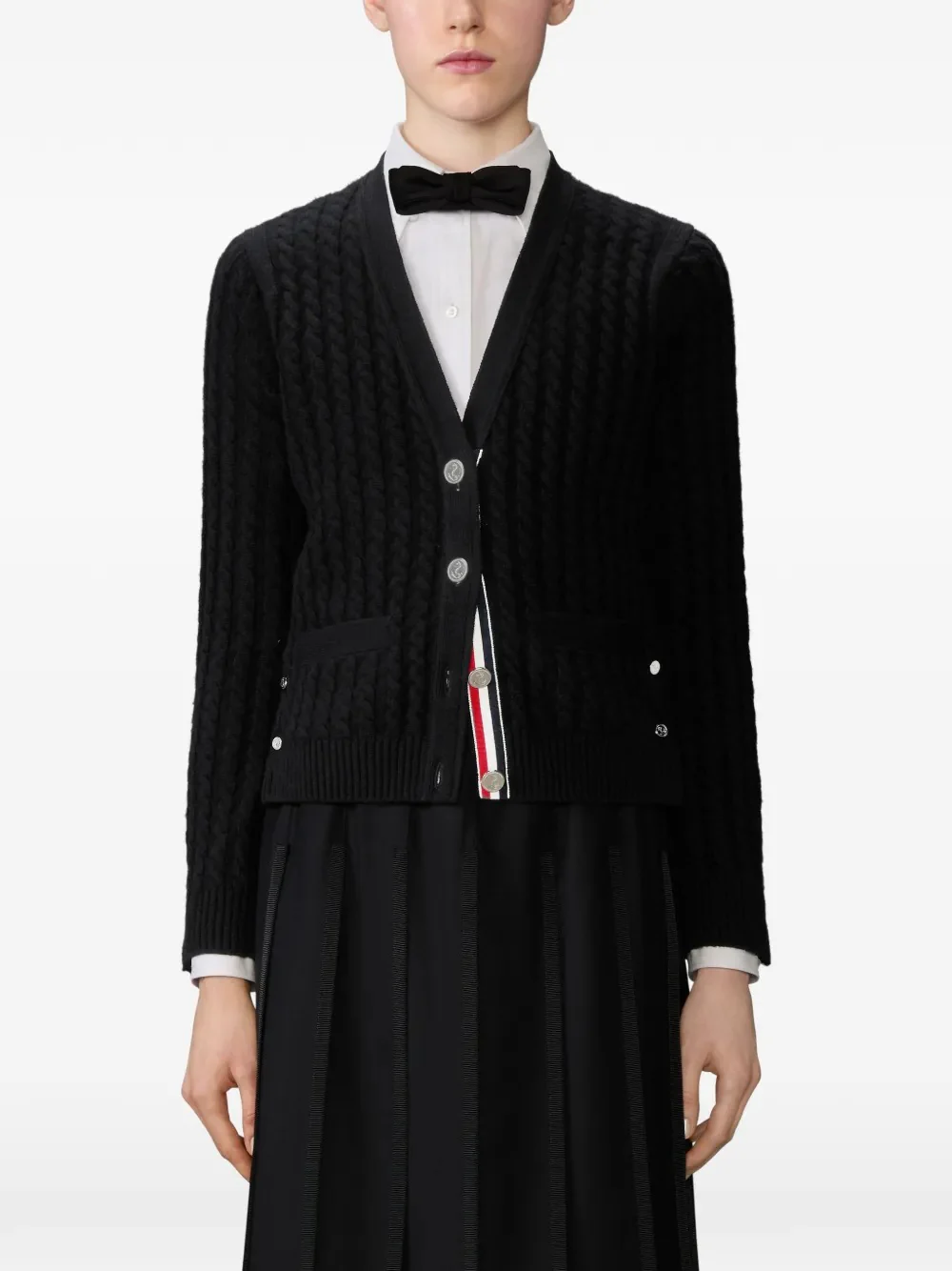 THOM BROWNE - Women Baby Cable Stitch Classic V Neck Cashmere Cardigan