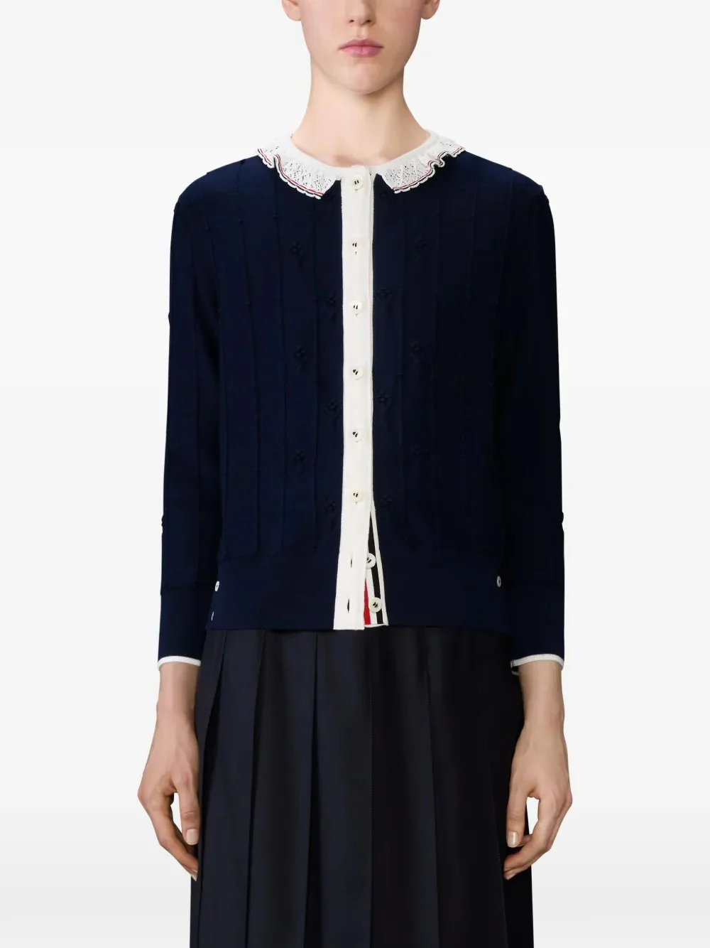 THOM BROWNE - Women Merino Wool RWB Stripe 3/4 Sleeve Knit Lace Trim Crewneck Cardigan