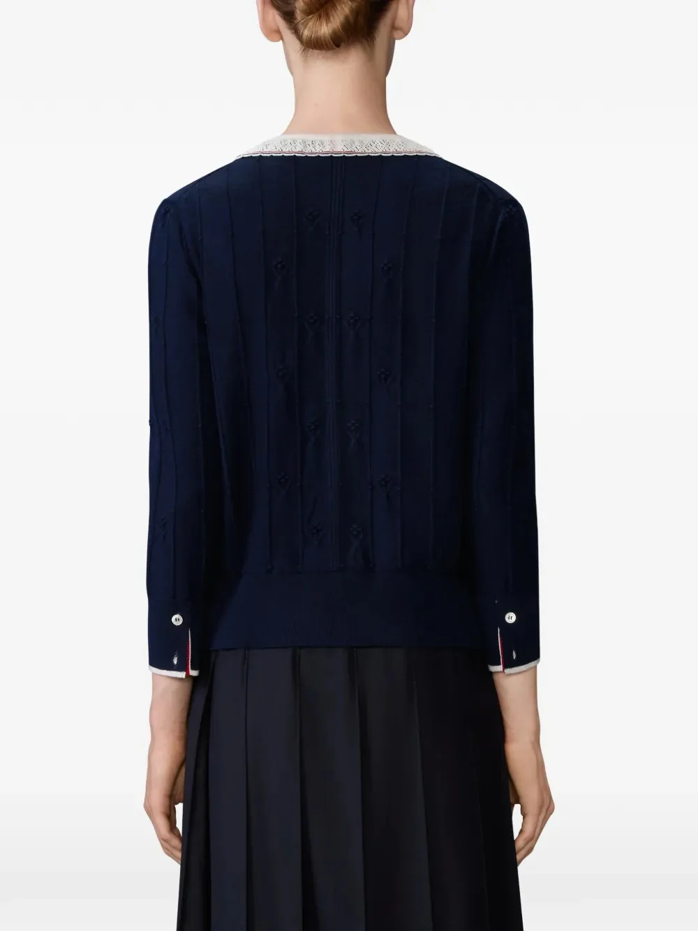 THOM BROWNE - Women Merino Wool RWB Stripe 3/4 Sleeve Knit Lace Trim Crewneck Cardigan - Image 2