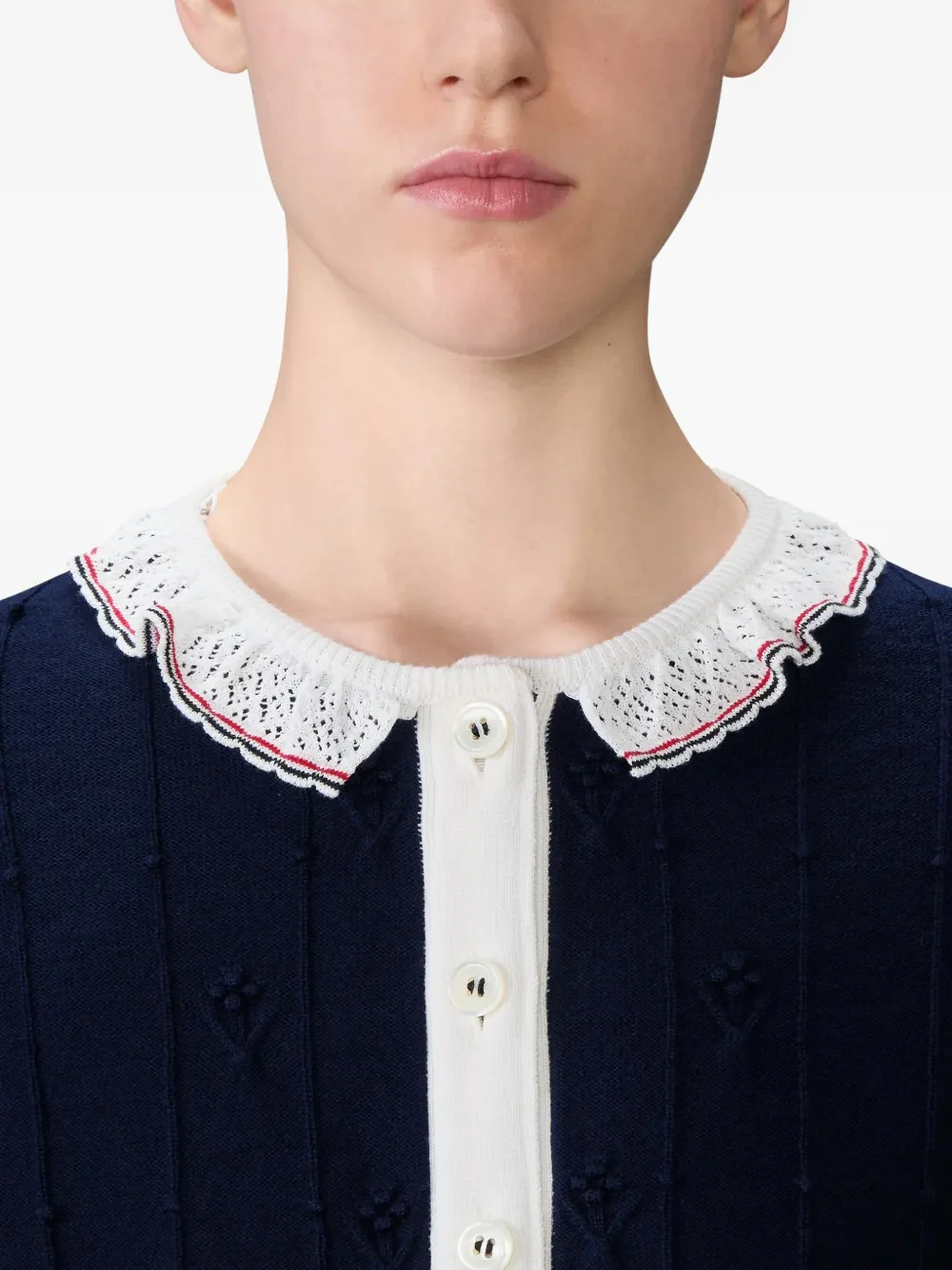 THOM BROWNE - Women Merino Wool RWB Stripe 3/4 Sleeve Knit Lace Trim Crewneck Cardigan - Image 3