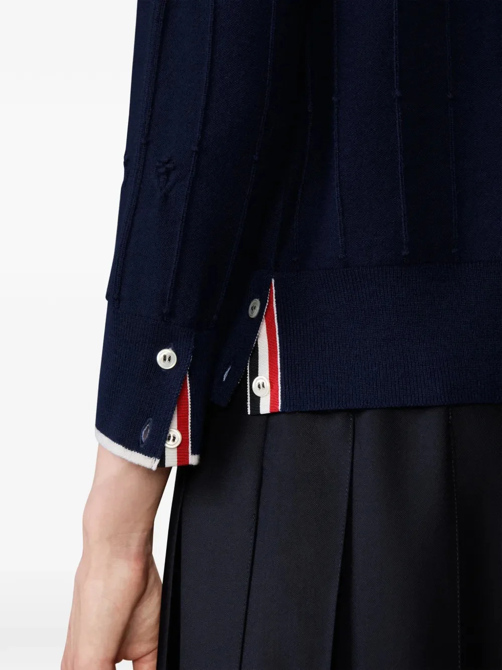 THOM BROWNE - Women Merino Wool RWB Stripe 3/4 Sleeve Knit Lace Trim Crewneck Cardigan - Image 4