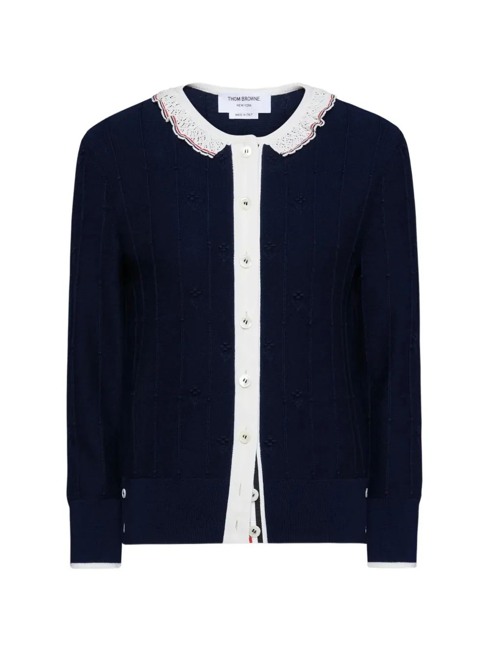 THOM BROWNE - Women Merino Wool RWB Stripe 3/4 Sleeve Knit Lace Trim Crewneck Cardigan - Image 5