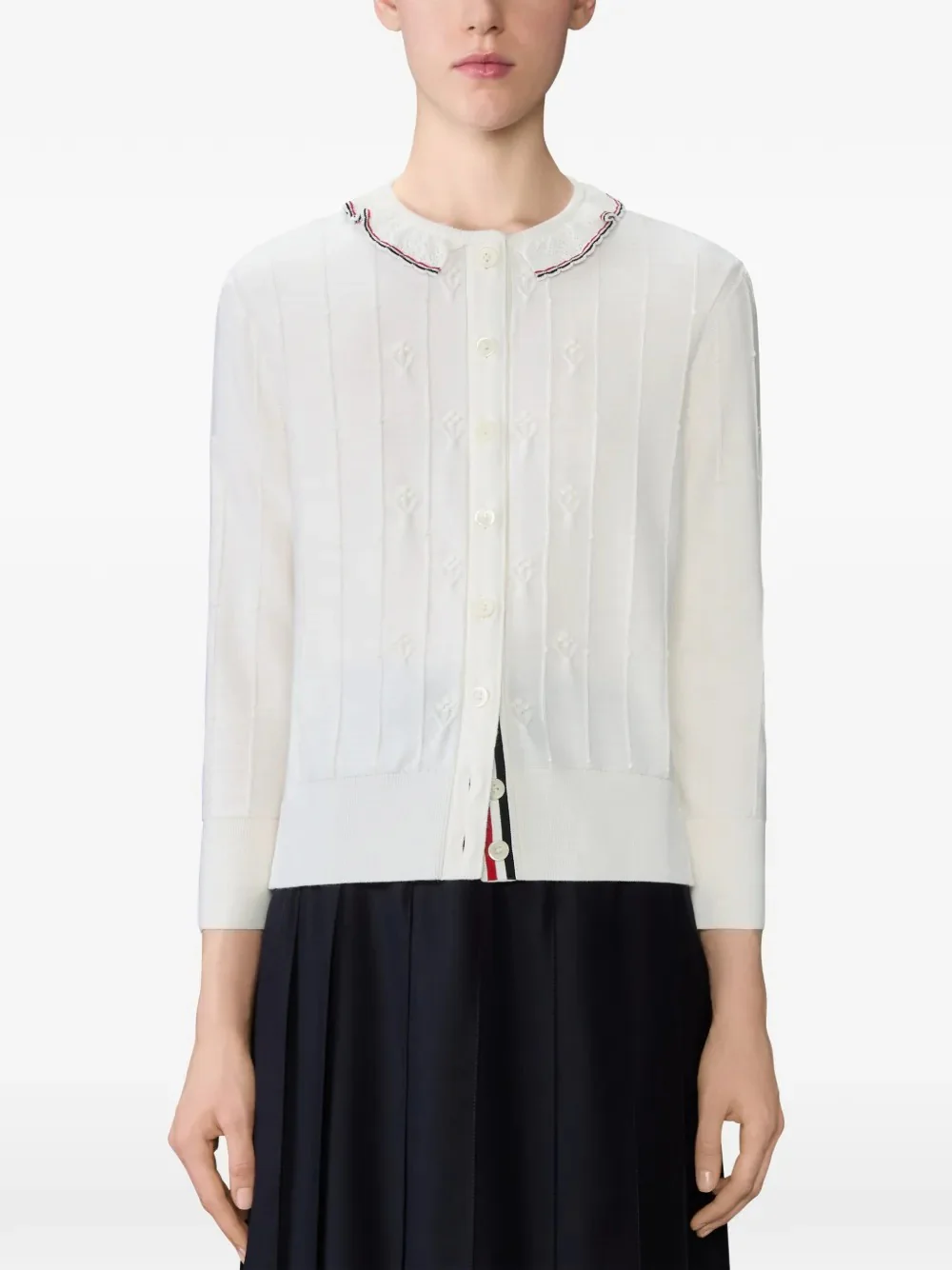 THOM BROWNE - Women Merino Wool RWB Stripe 3/4 Sleeve Knit Lace Trim Crewneck Cardigan