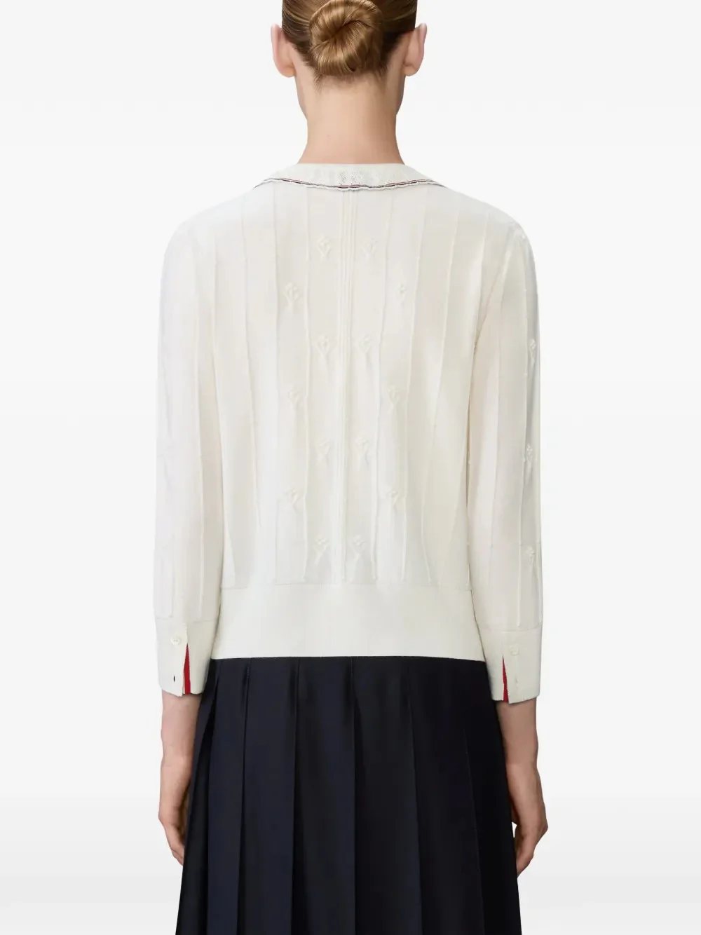 THOM BROWNE - Women Merino Wool RWB Stripe 3/4 Sleeve Knit Lace Trim Crewneck Cardigan - Image 2