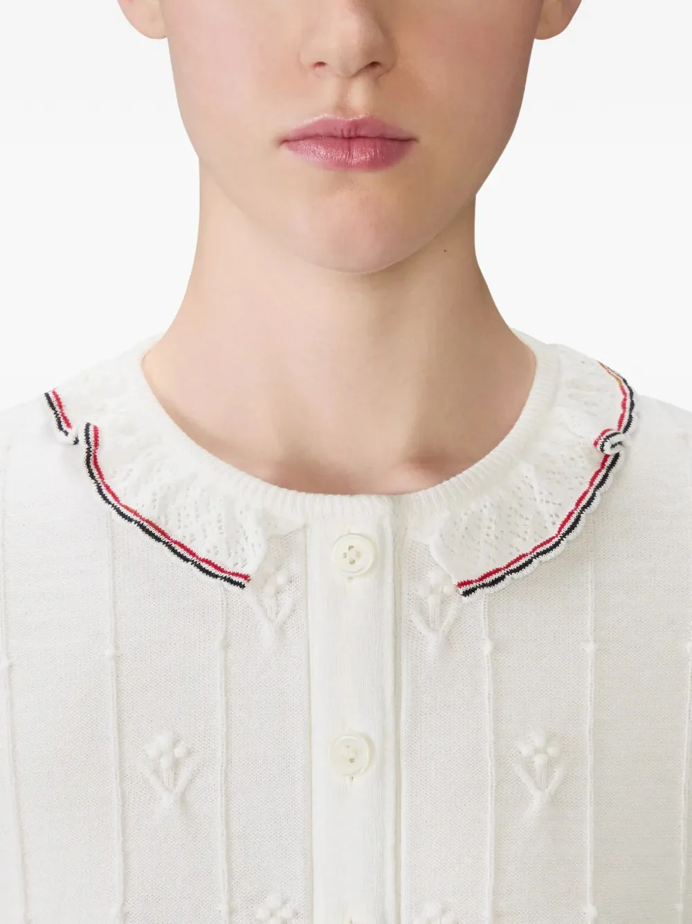 THOM BROWNE - Women Merino Wool RWB Stripe 3/4 Sleeve Knit Lace Trim Crewneck Cardigan - Image 3