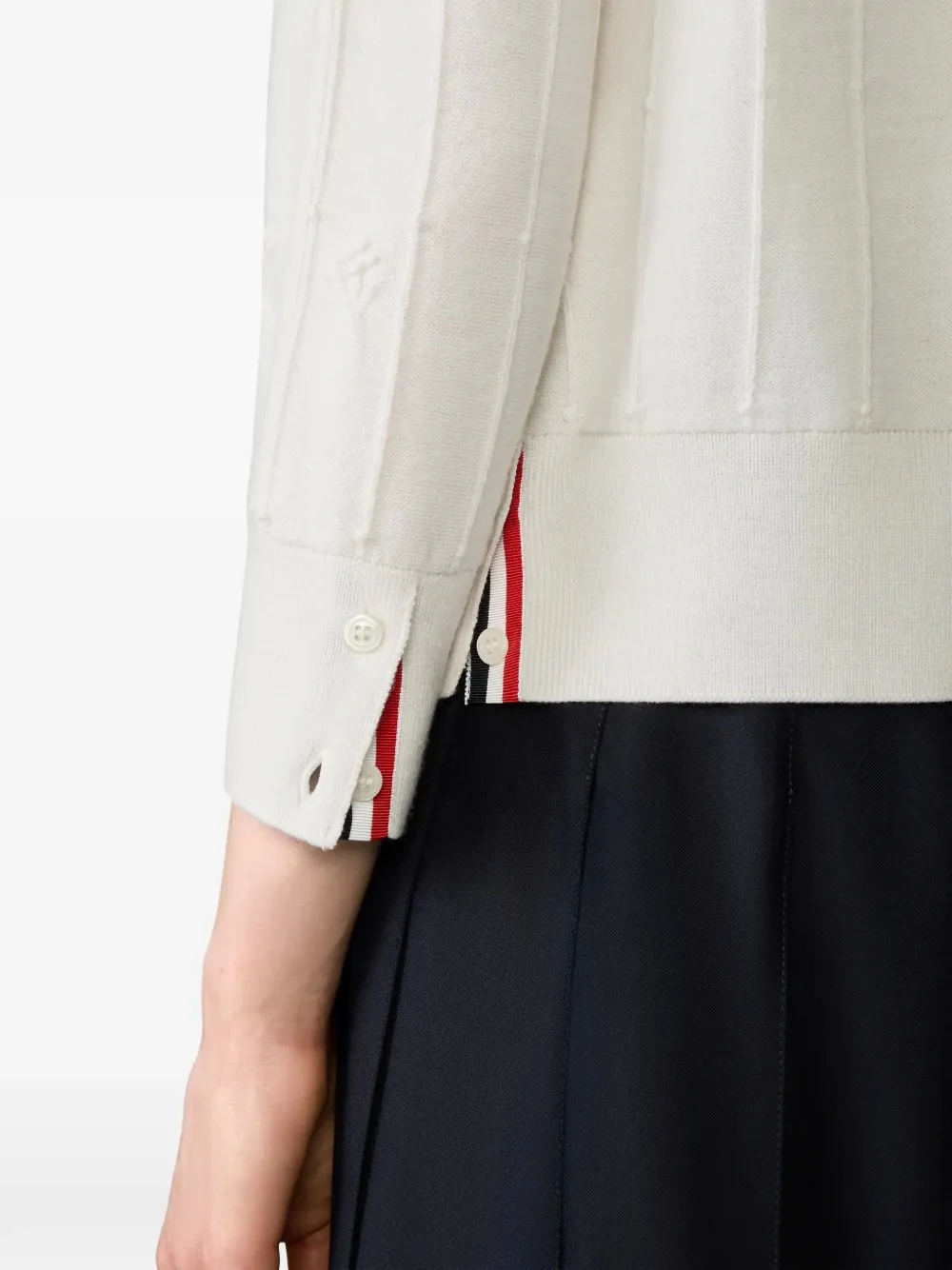 THOM BROWNE - Women Merino Wool RWB Stripe 3/4 Sleeve Knit Lace Trim Crewneck Cardigan - Image 4