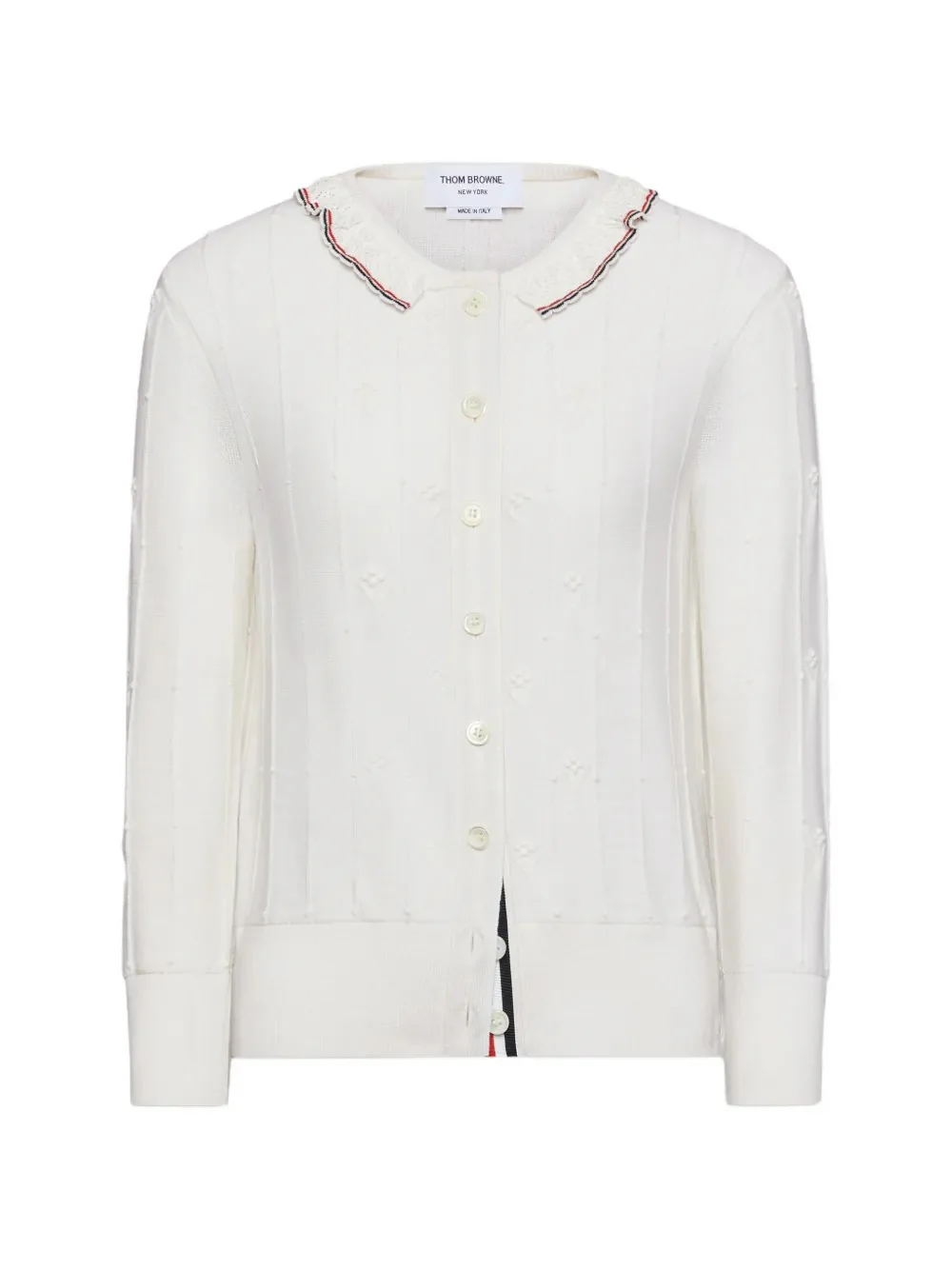 THOM BROWNE - Women Merino Wool RWB Stripe 3/4 Sleeve Knit Lace Trim Crewneck Cardigan - Image 5