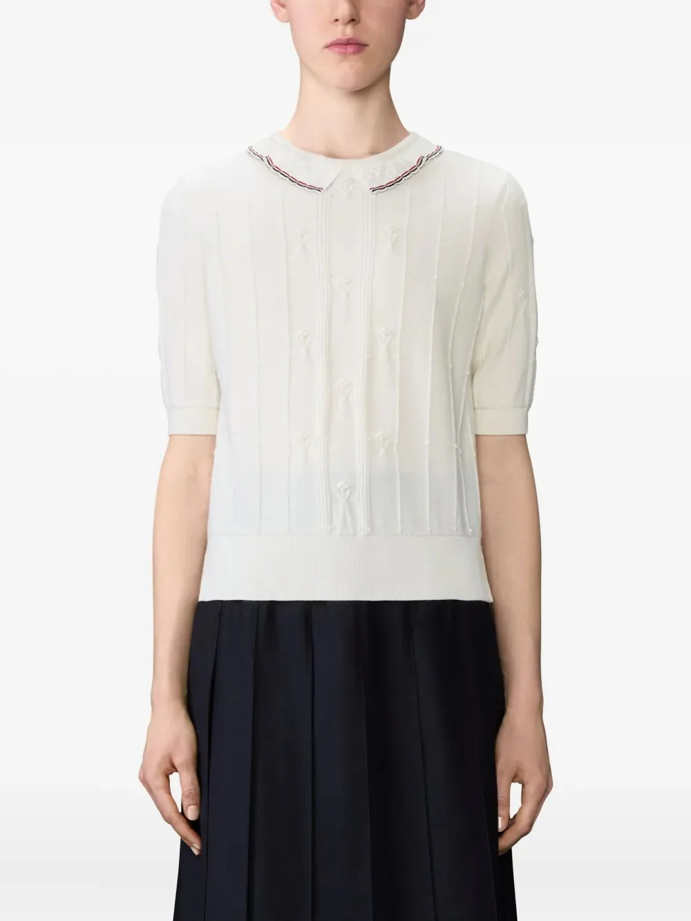 THOM BROWNE - Women Merino Wool RWB Stripe Bobbke Lace trim T-Shirt