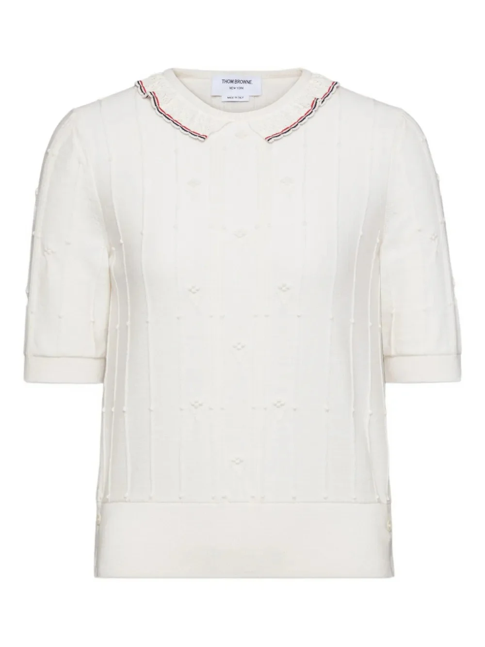 THOM BROWNE - Women Merino Wool RWB Stripe Bobbke Lace trim T-Shirt - Image 4