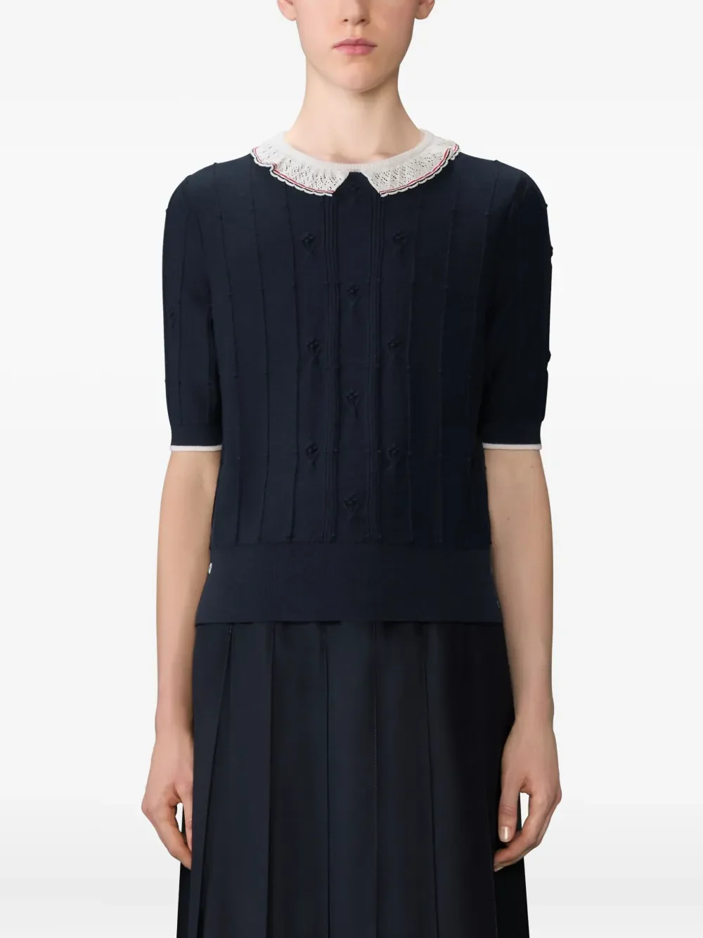 THOM BROWNE - Women Merino Wool RWB Stripe Bobble Stitch SS Knit Lac Trim T-Shirt