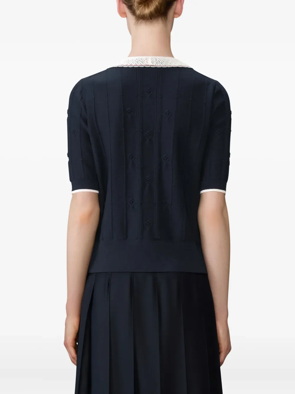 THOM BROWNE - Women Merino Wool RWB Stripe Bobble Stitch SS Knit Lac Trim T-Shirt - Image 2