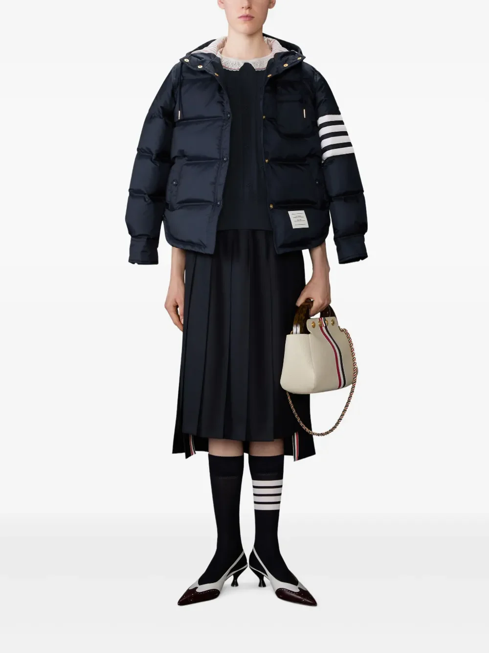 THOM BROWNE - Women Merino Wool RWB Stripe Bobble Stitch SS Knit Lac Trim T-Shirt - Image 3