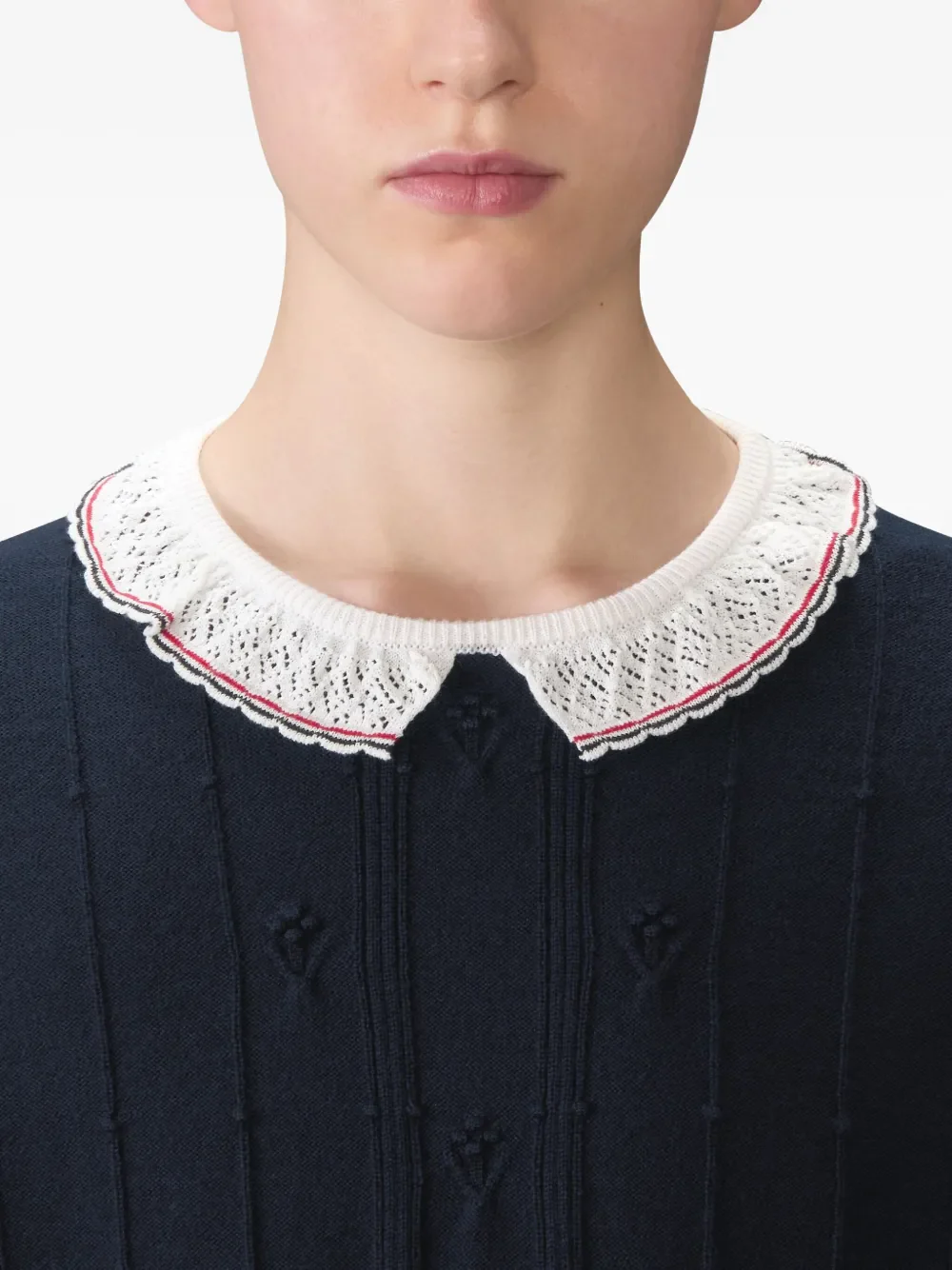 THOM BROWNE - Women Merino Wool RWB Stripe Bobble Stitch SS Knit Lac Trim T-Shirt - Image 4