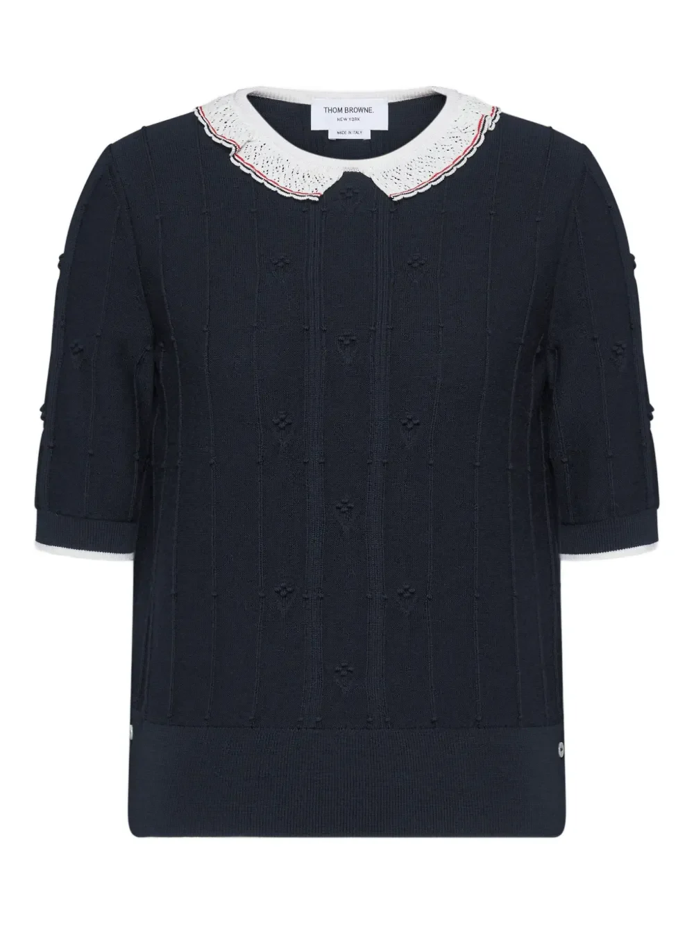 THOM BROWNE - Women Merino Wool RWB Stripe Bobble Stitch SS Knit Lac Trim T-Shirt - Image 5