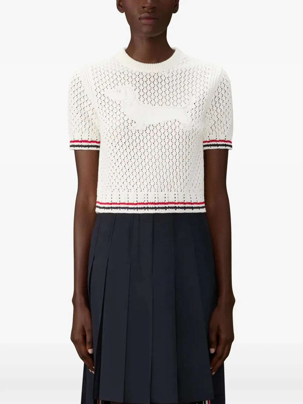 THOM BROWNE - Women RWB Stripe Hector Icon Pointelle Stitch Crewneck T-Shirt
