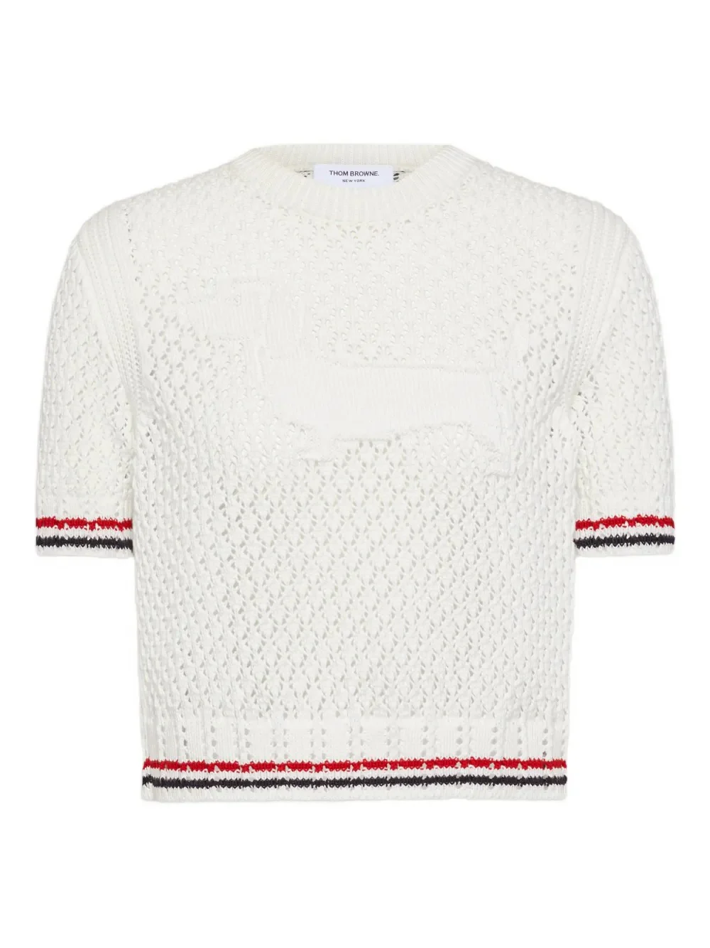 THOM BROWNE - Women RWB Stripe Hector Icon Pointelle Stitch Crewneck T-Shirt - Image 4