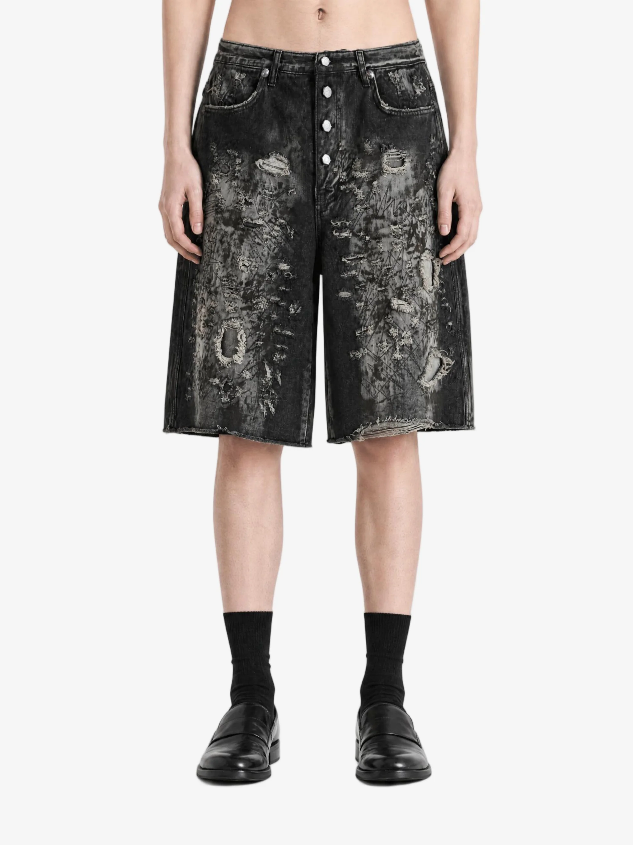 THUG CLUB - Men Hard Washed Destroyed Denim Shorts