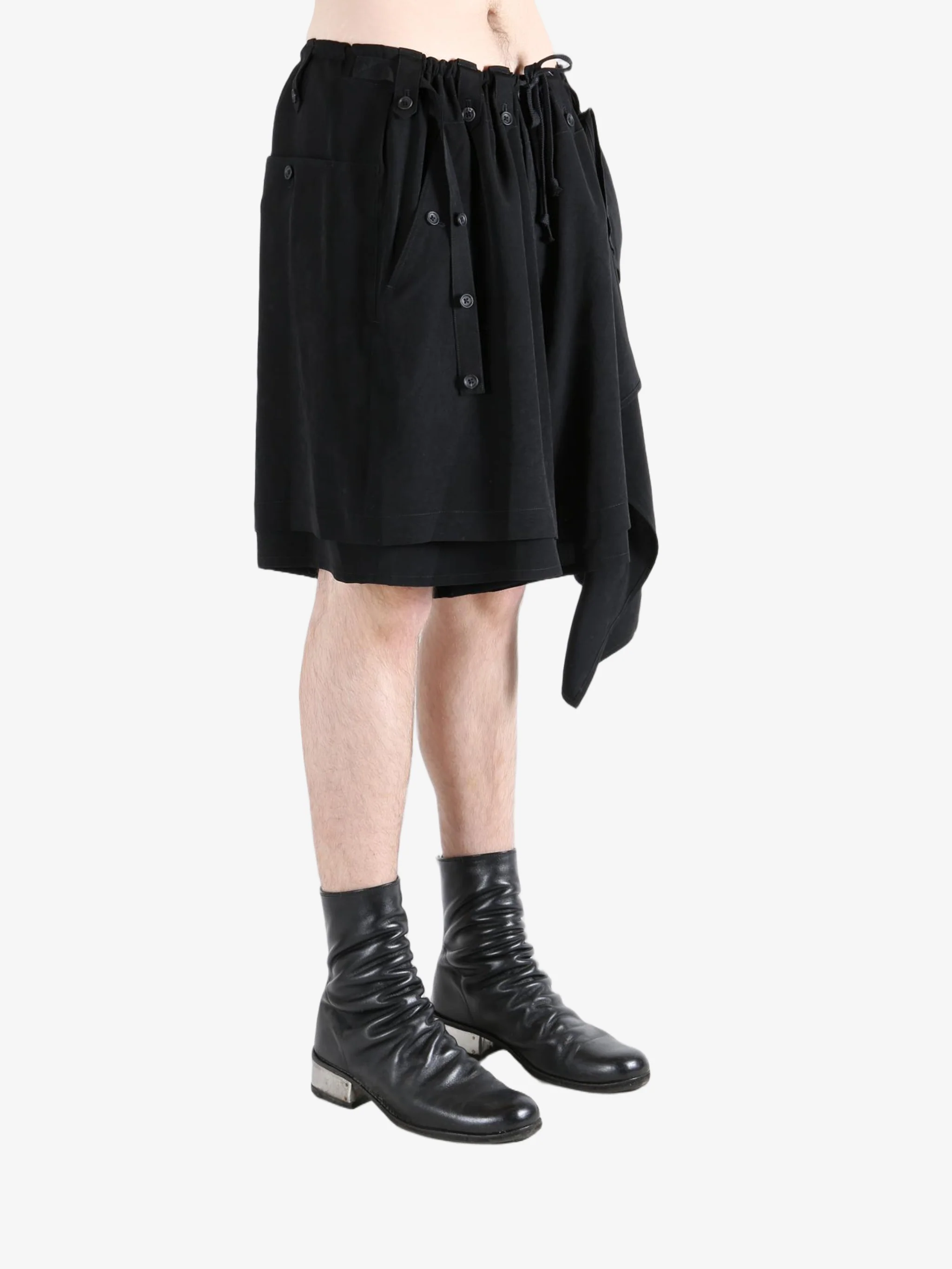 YOHJI YAMAMOTO POUR HOMME - Men Tuxedo Drape Panel Attached Short Pants - Image 2