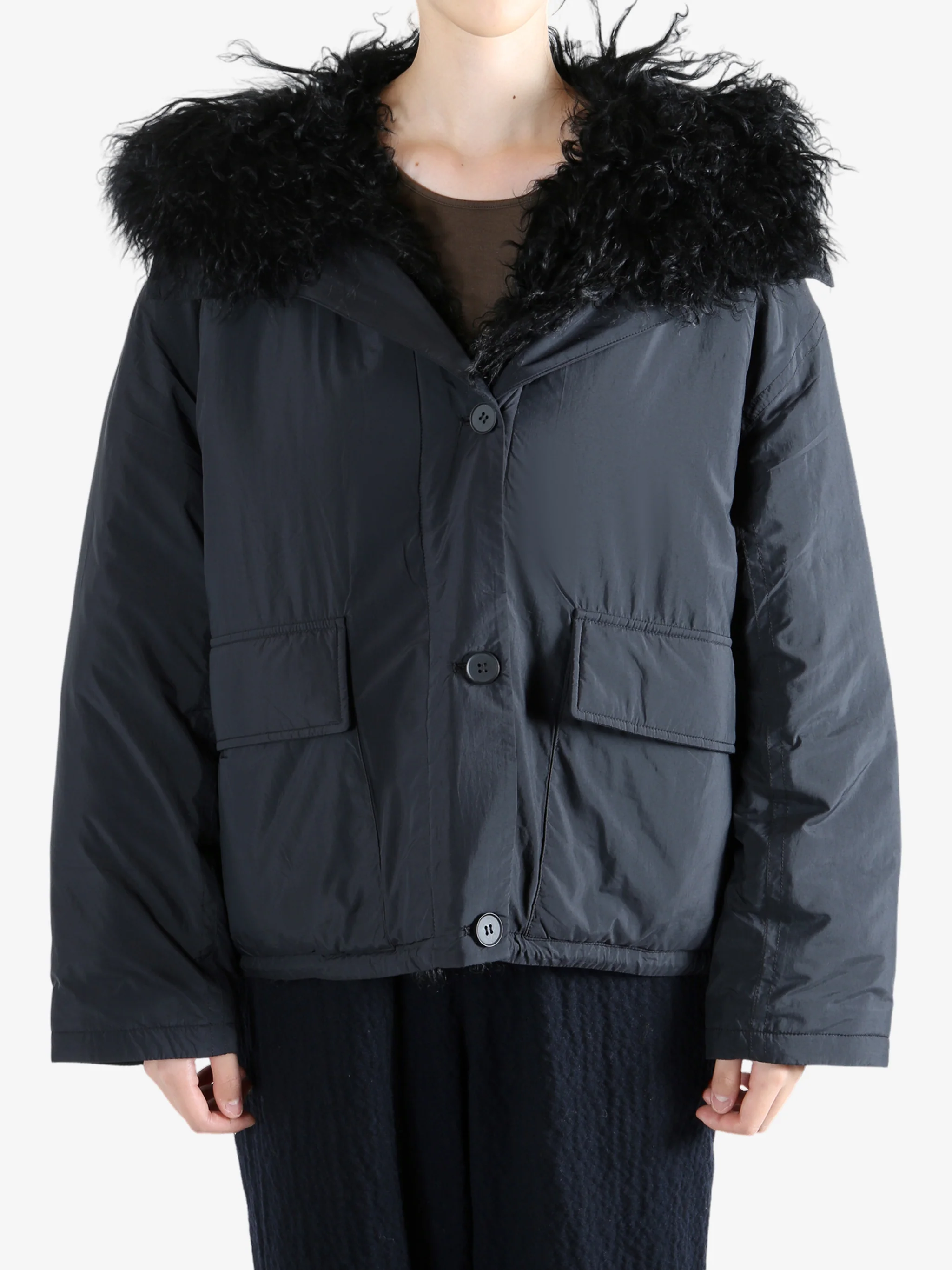 YVES SALOMON - Women Short Ultra-Light Down Jacket With Curly Lambskin Trim